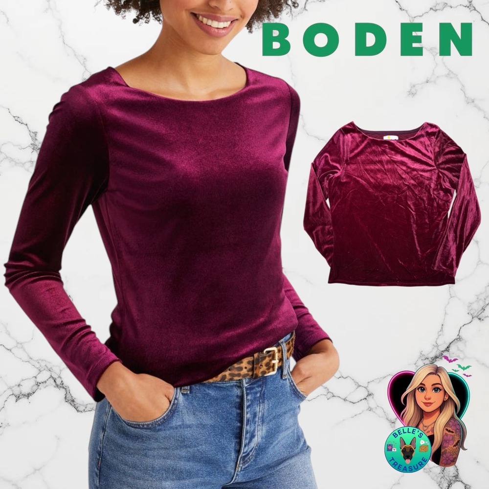 Boden Womens 12 Large Suki Velvet Boat Neck Long Sleeve Top Burgundy Wine NEW